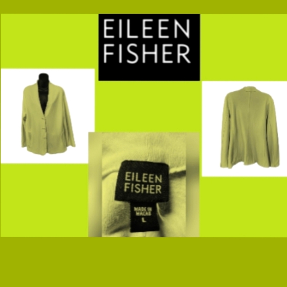 EILEEN  FISHER CHARTREUSE GREEN FRINGED SHAWL COLLAR BLAZER